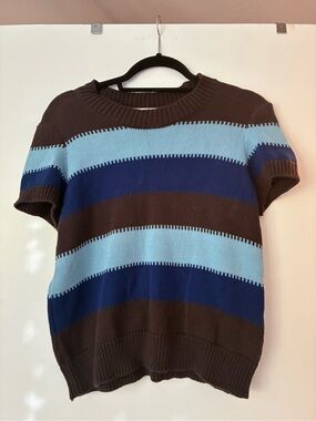 YMC You Must Create 100% Cotton Striped Knit Sweater Brown Blue Short Sleeve M